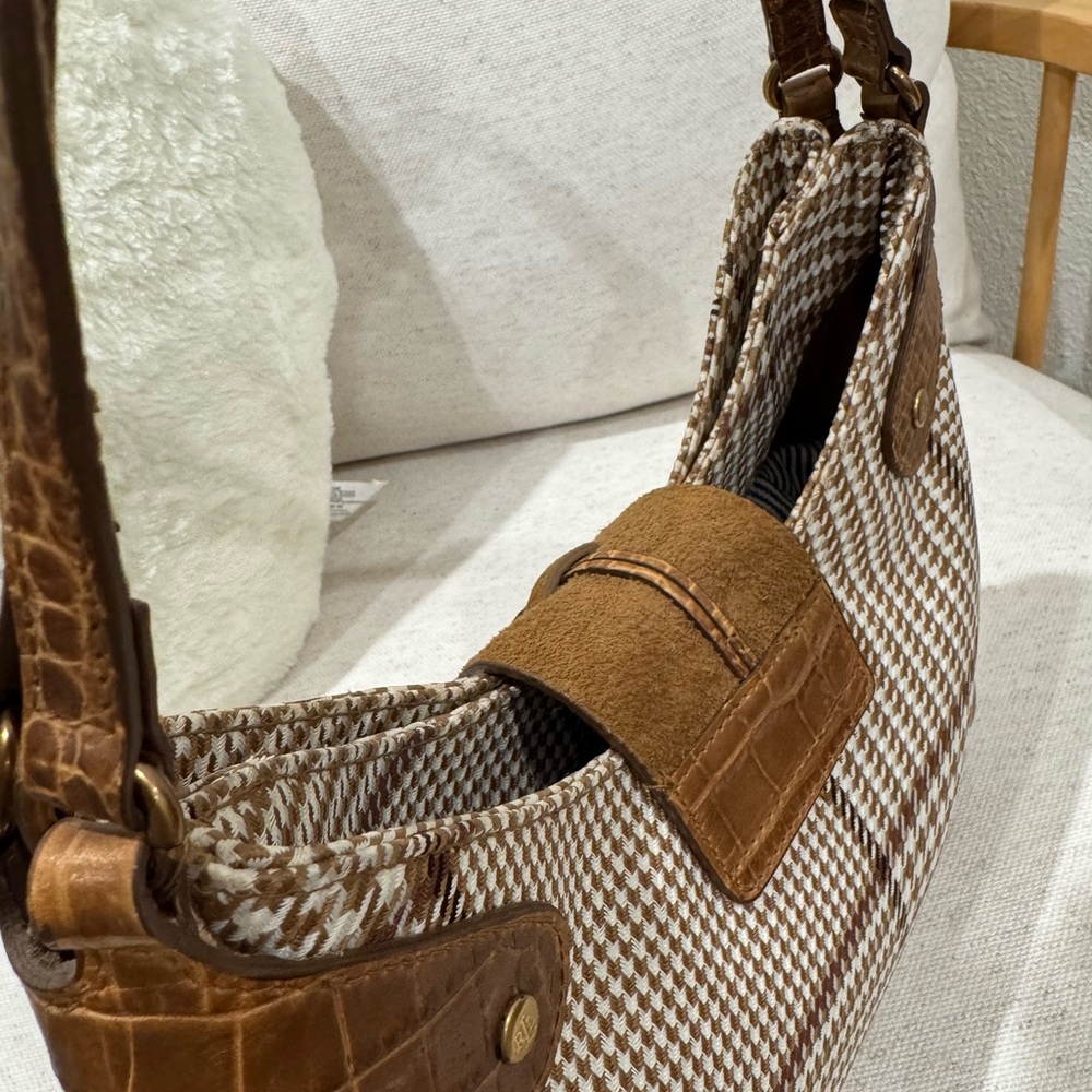‼️SOLD‼️Ralph Lauren Houndstooth Neutral Croc Leather Toggle Lock Hobo Bag Purse - Picture 9 of 16